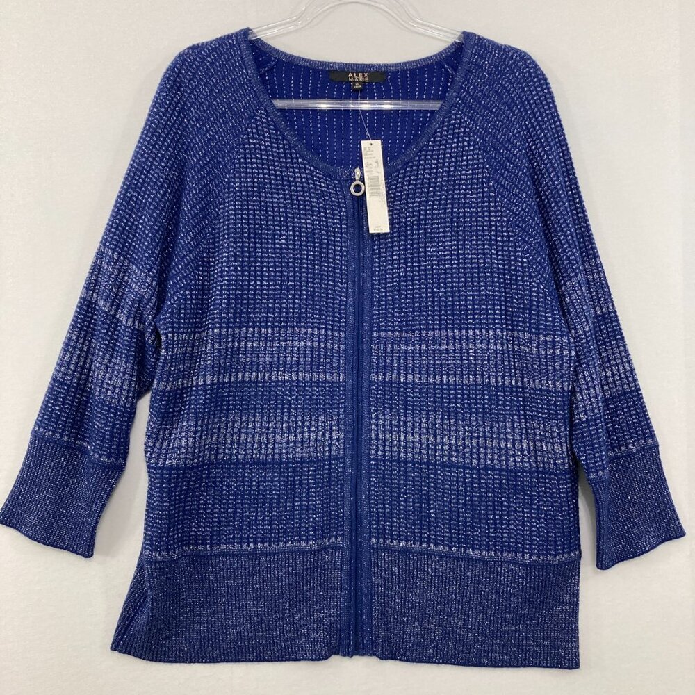 New Alex Marie size XL Blue Silver 3/4 Sleeve Wool Blend Full Zip Sweater Jacket